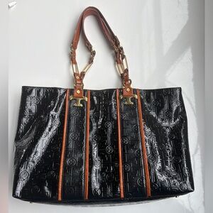 Tory Burch Nico Lux T East/West Black Patent Leather Tote Bag Brown Leather